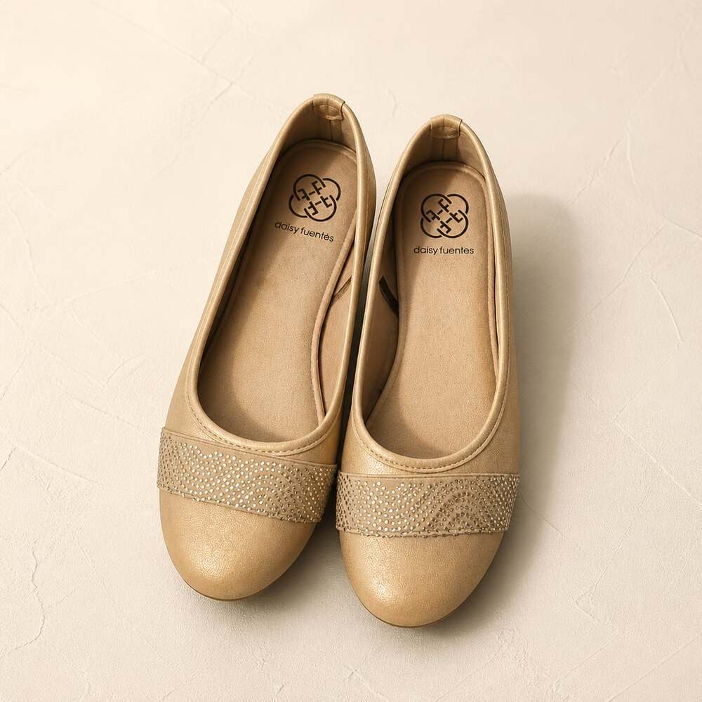 Daisy Fuentes Gold Shimmer Rhinestone Accent Ballet Flats Size 7.5 Wide